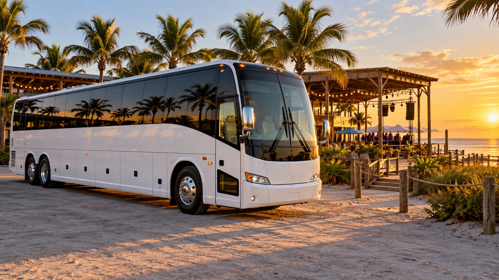 Illustration of a charter party bus outside a Florida beach venue in warm evening light