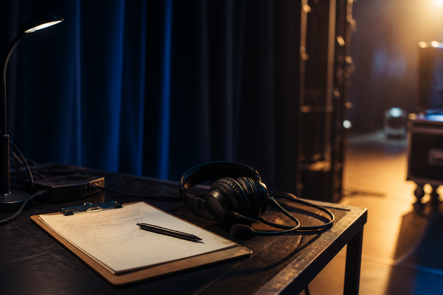 Backstage production desk with notes and headphones