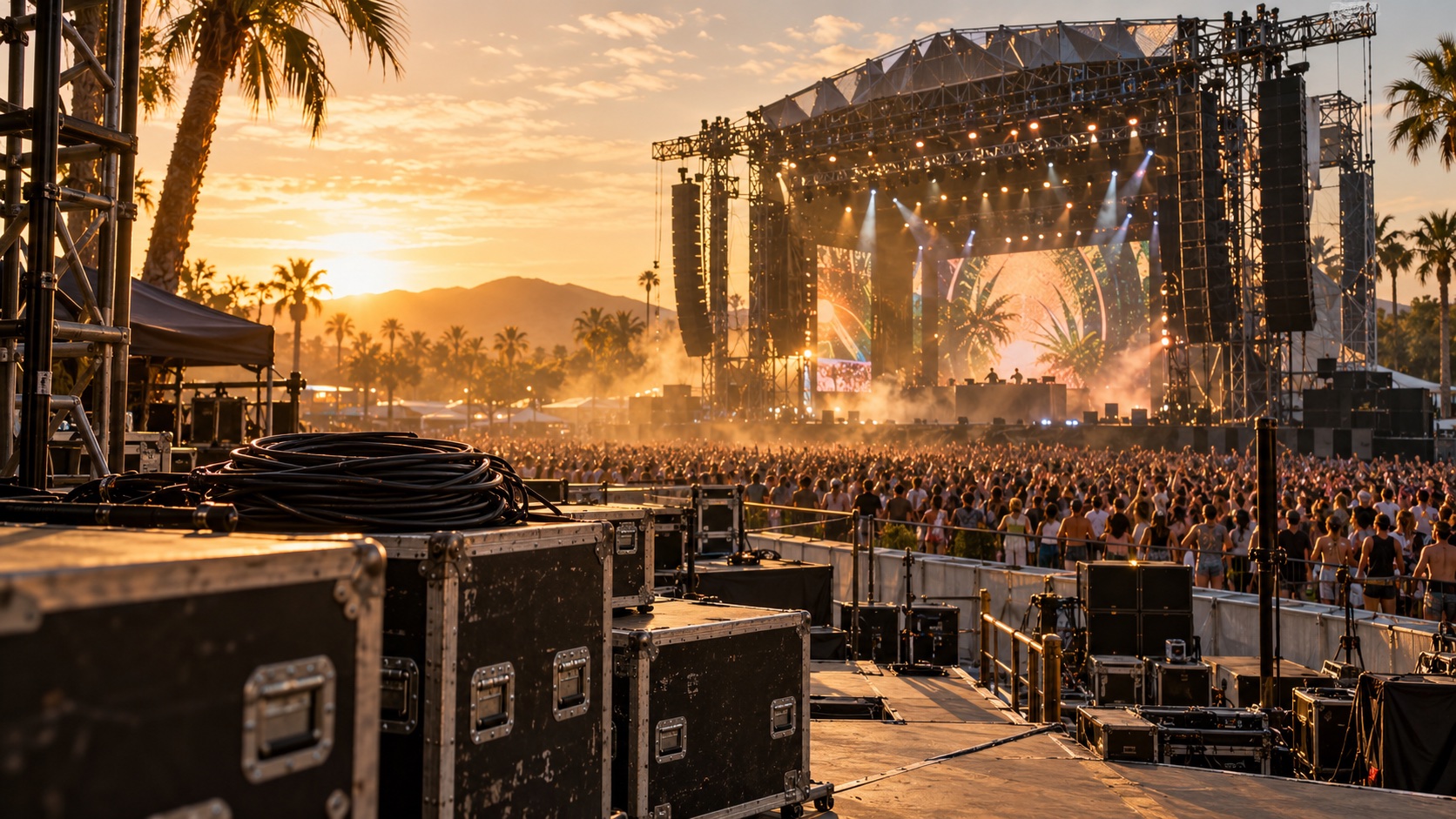 Illustration of a festival stage and crowd with road cases and coiled cables in the foreground at sunset