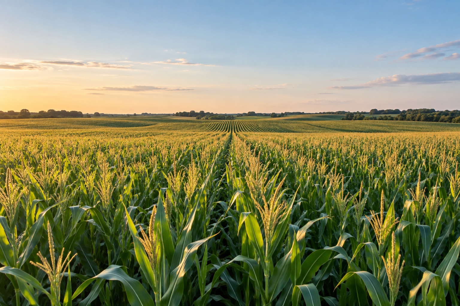 Illustration of an Iowa cornfield in warm late-afternoon light