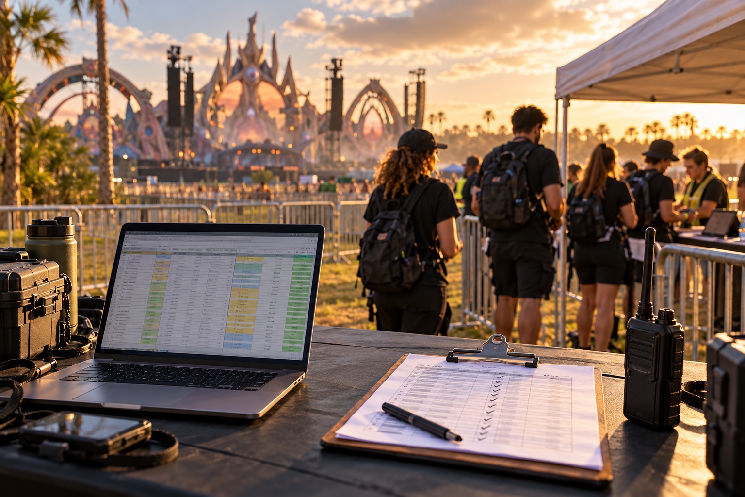 Illustration of a festival staff check-in table with a laptop, clipboard, and radio in warm evening light